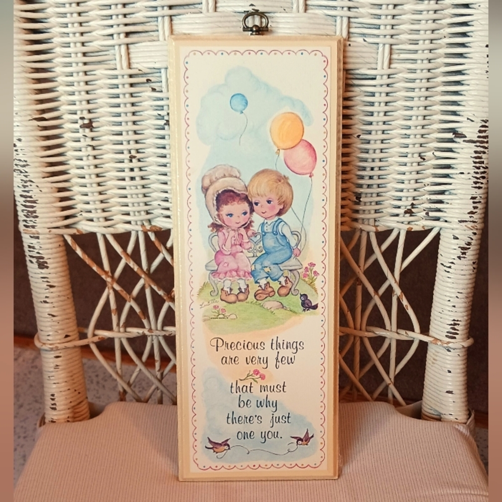 Vintage~ 1979 inspirational wooden plaque- children, birds, balloons = adorable!